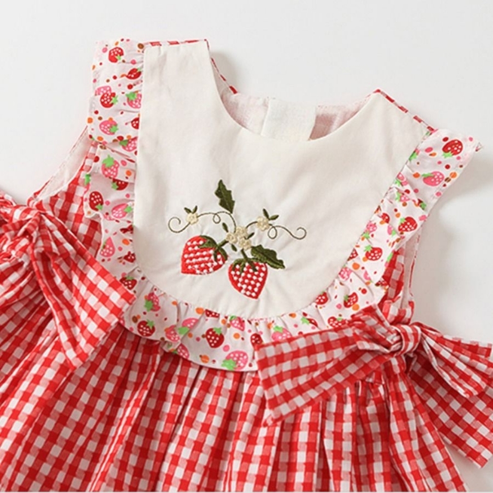 6-12M - Dress To Tunic - Red Gingham Strawberry Picking Embroidered Girl's Dress